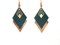 Boucles d'oreilles cuir vert et or, losanges de cuir vert émeraude et doré - boucles d'oreilles graphiques géométriques - modèle LYA - noël