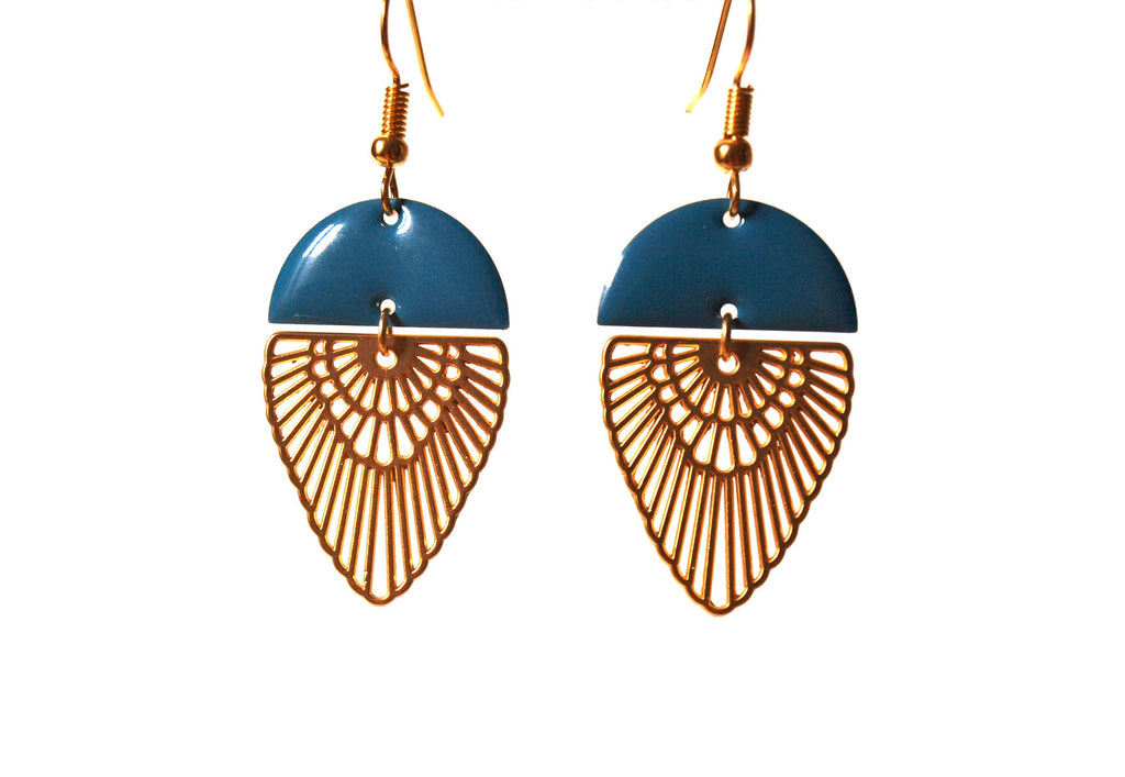 Boucles d'oreilles art déco plaqué or mat et sequin émaillé demi cercle bleu turquoise et or - printemps été - cadeau femme - saint valentin
