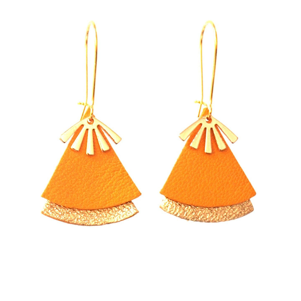 Boucles d'oreilles cuir jaune moutarde et or modèle STELLA