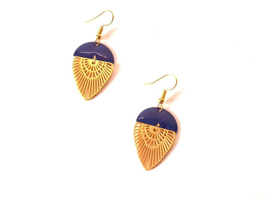 Boucles d'oreilles bleu et or art déco plaqué or mat et sequin émaillé demi cercle - cadeau femme