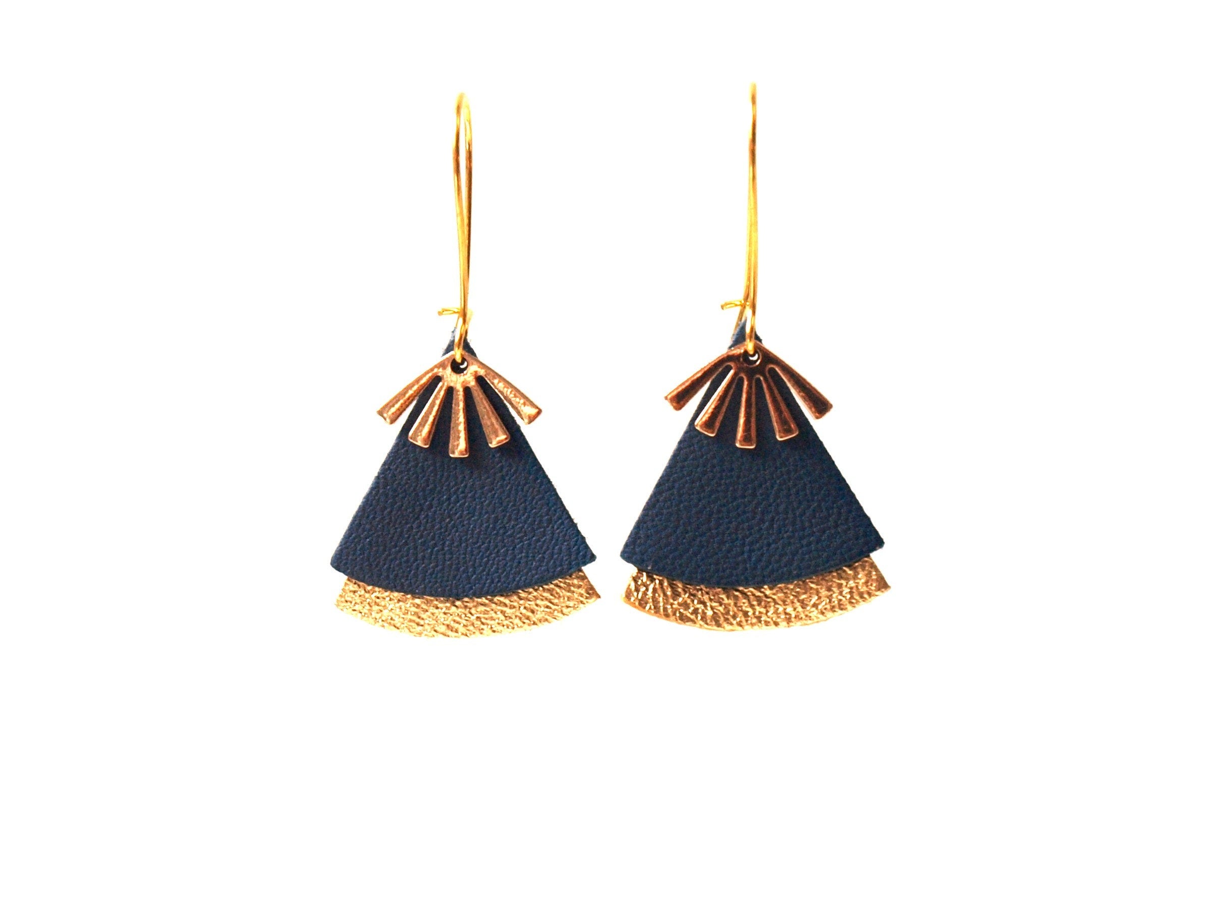 Boucles d'oreilles bleu canard et or, en cuir, forme éventail - boucles d'oreilles ethniques, art déco, modèle STELLA