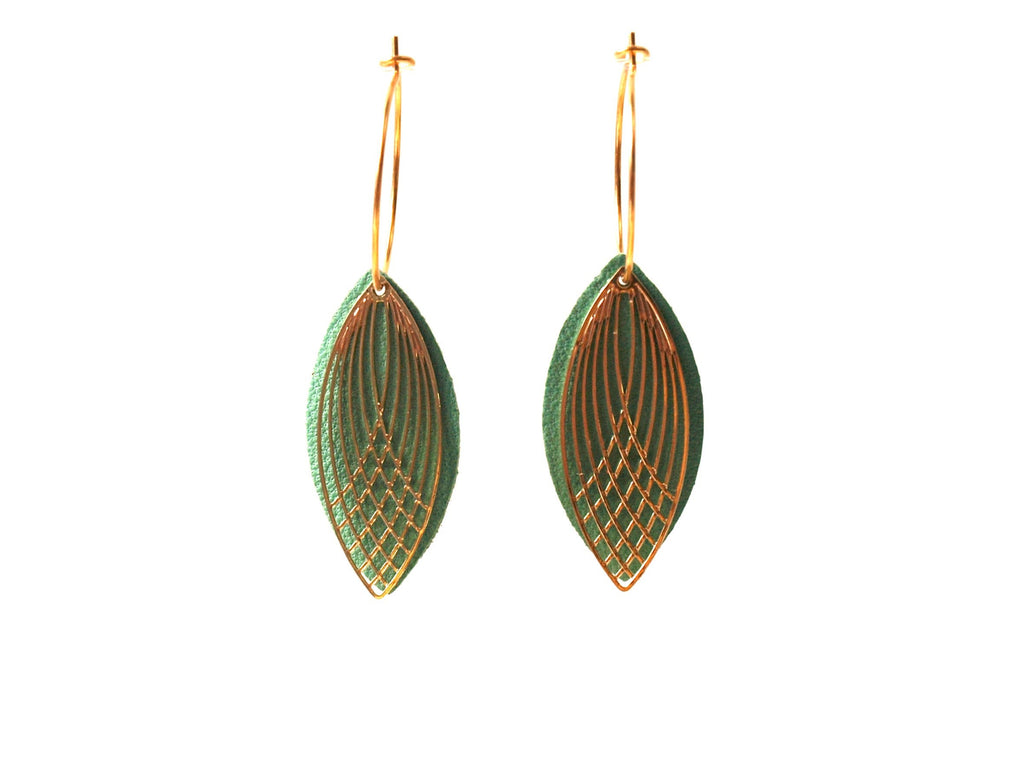 Boucles d'oreilles vert clair - créoles en acier inoxydable et cuir - créoles style art déco - modèle SIENNA