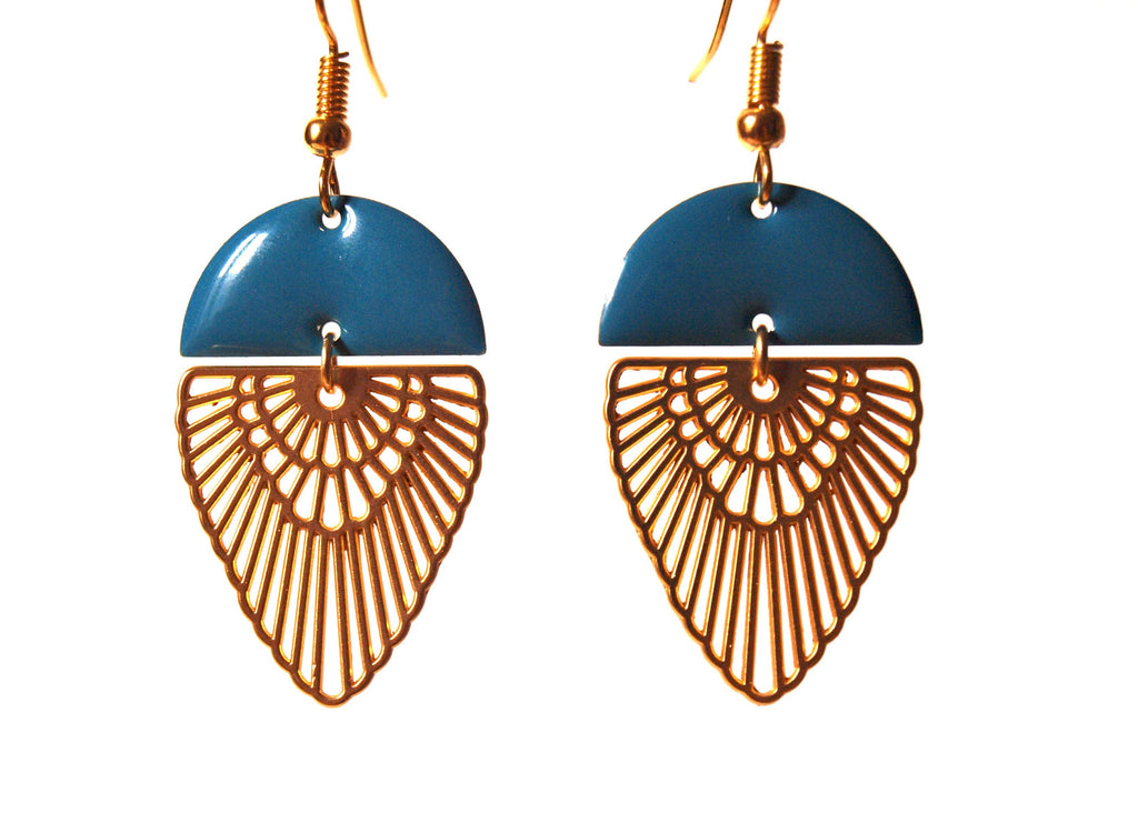Boucles d'oreilles art déco plaqué or mat et sequin émaillé demi cercle bleu turquoise et or - printemps été - cadeau femme - saint valentin