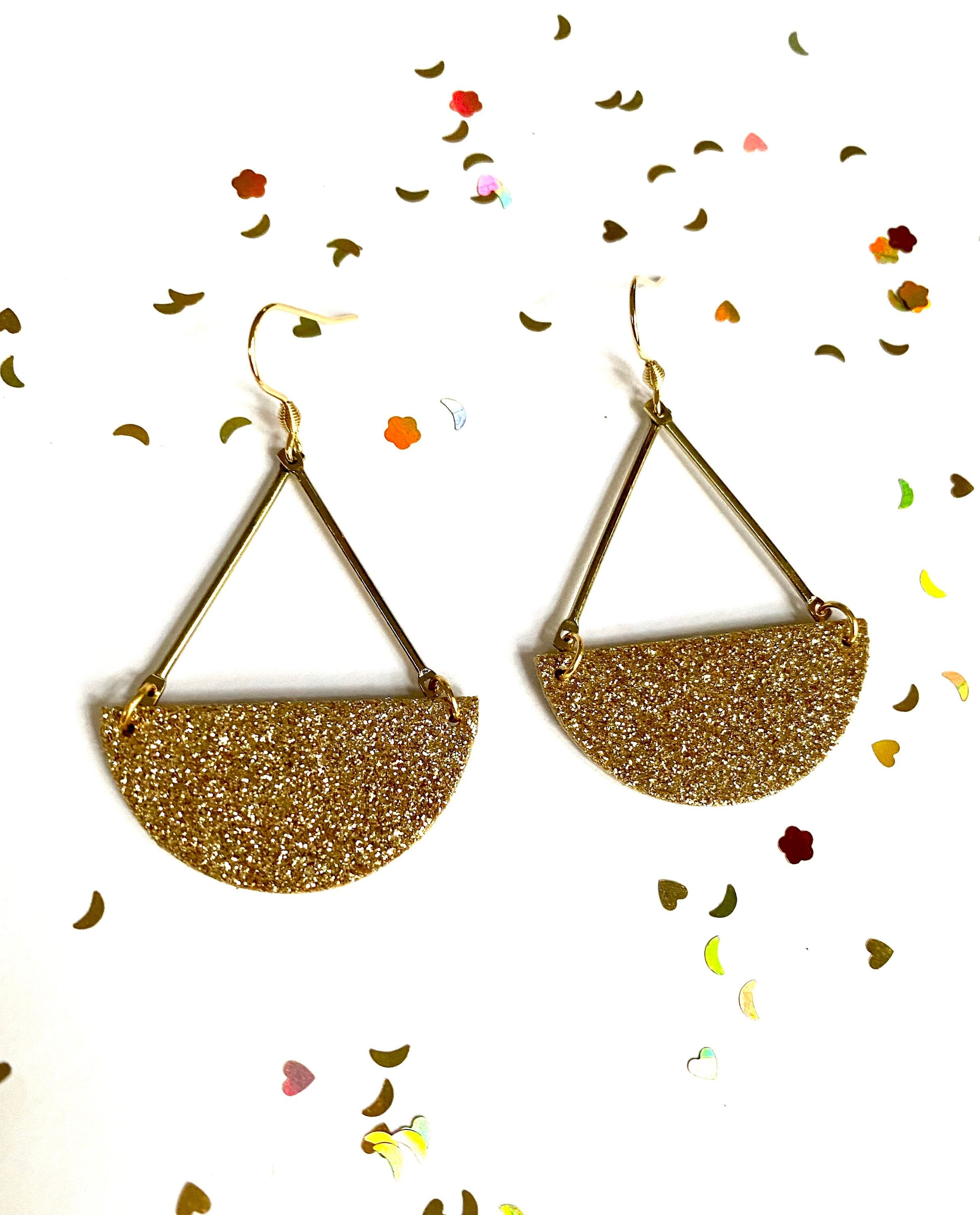 Boucles d’oreilles cuir doré graphiques à paillettes en liège cuir et acier inoxydable
