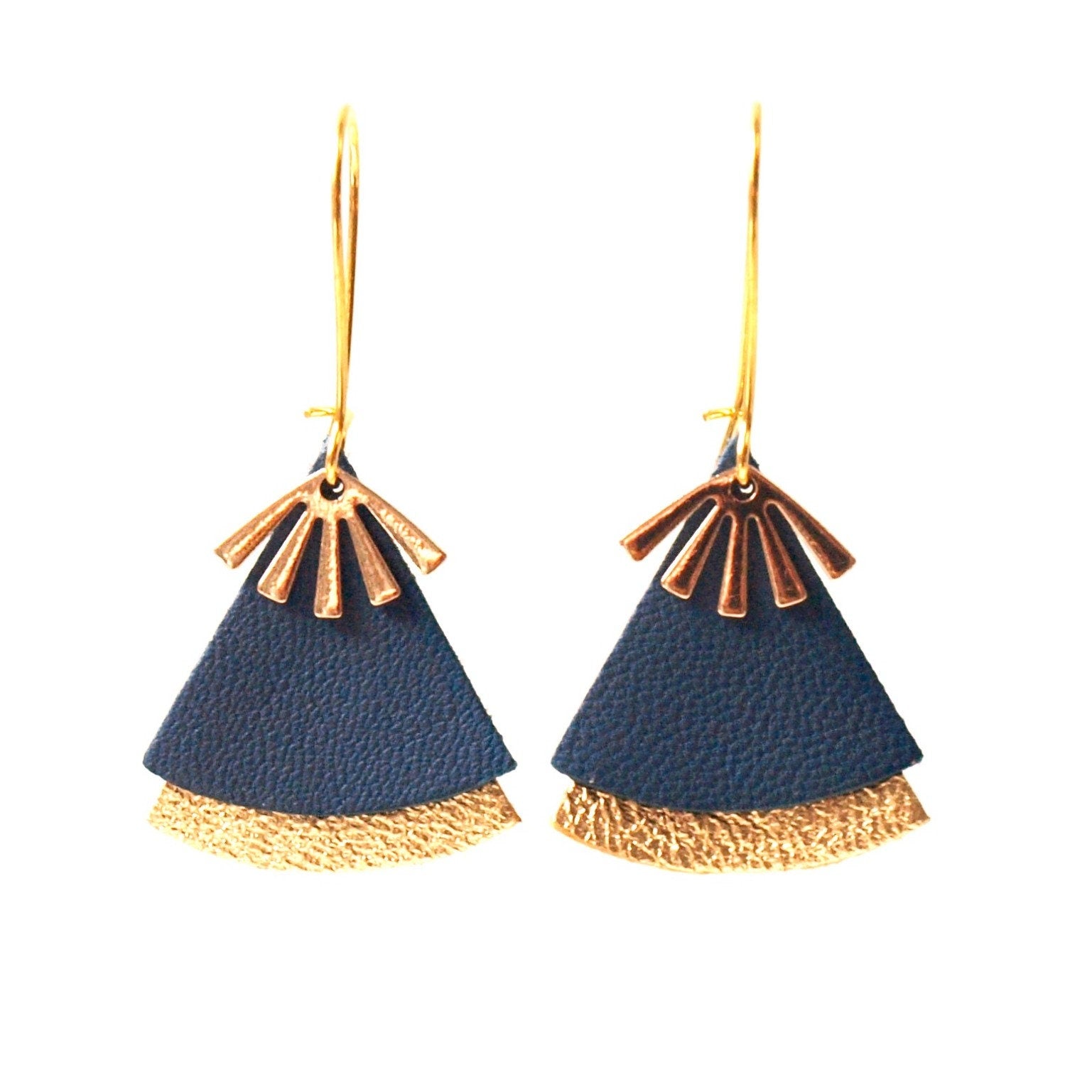 Boucles d'oreilles cuir bleu canard et or modèle STELLA