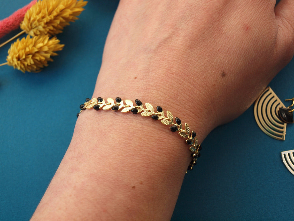 Bracelet fin or et noir - chaîne épis émaillée - bracelet femme à juxtaposer - superposition bracelets - bracelet boheme - cadeau pour elle