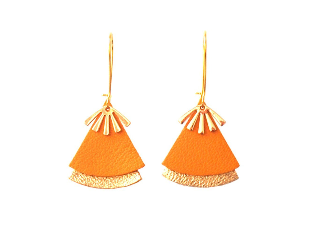 Boucles d'oreilles jaunes - éventail cuir jaune et or, laiton doré - boucles d'oreilles ethniques, japonisantes - modèle STELLA