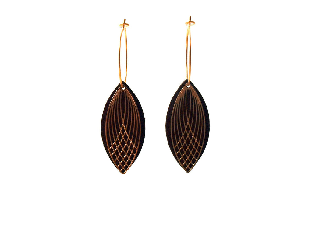 Boucles d'oreilles créoles acier inoxydable et cuir - noir et or - créoles style art déco - modèle SIENNA