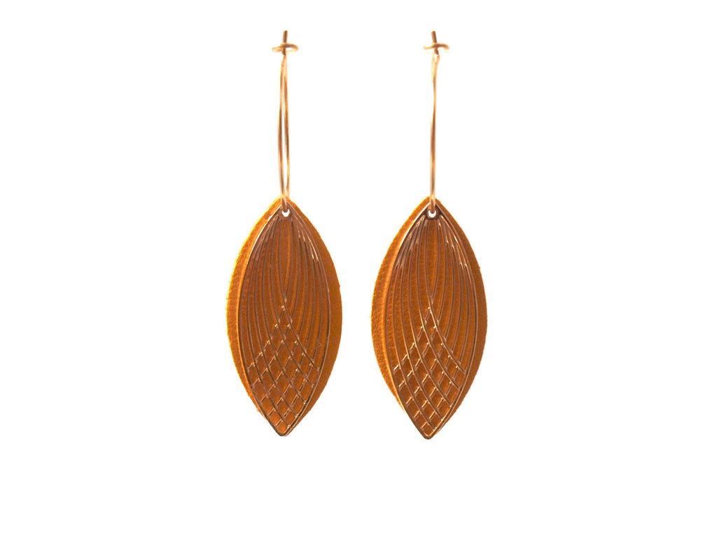 Boucles d'oreilles créoles acier inoxydable et cuir - jaune moutarde et or - créoles style art déco - modèle SIENNA