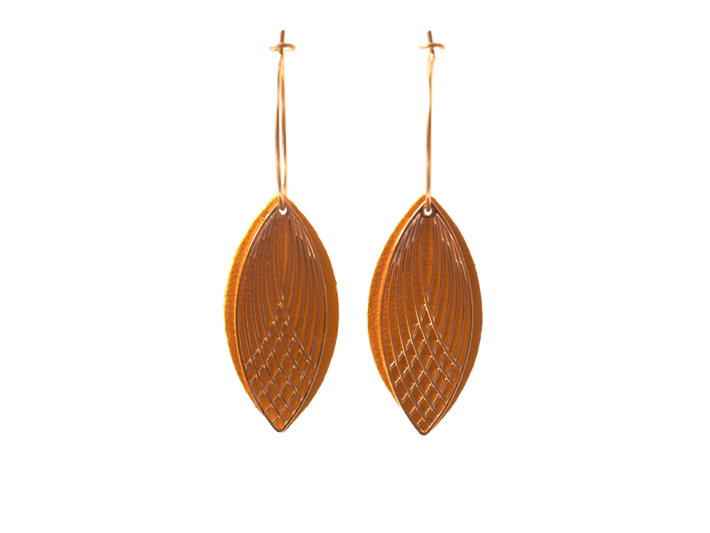 Boucles d'oreilles créoles acier inoxydable et cuir - jaune moutarde et or - créoles style art déco - modèle SIENNA