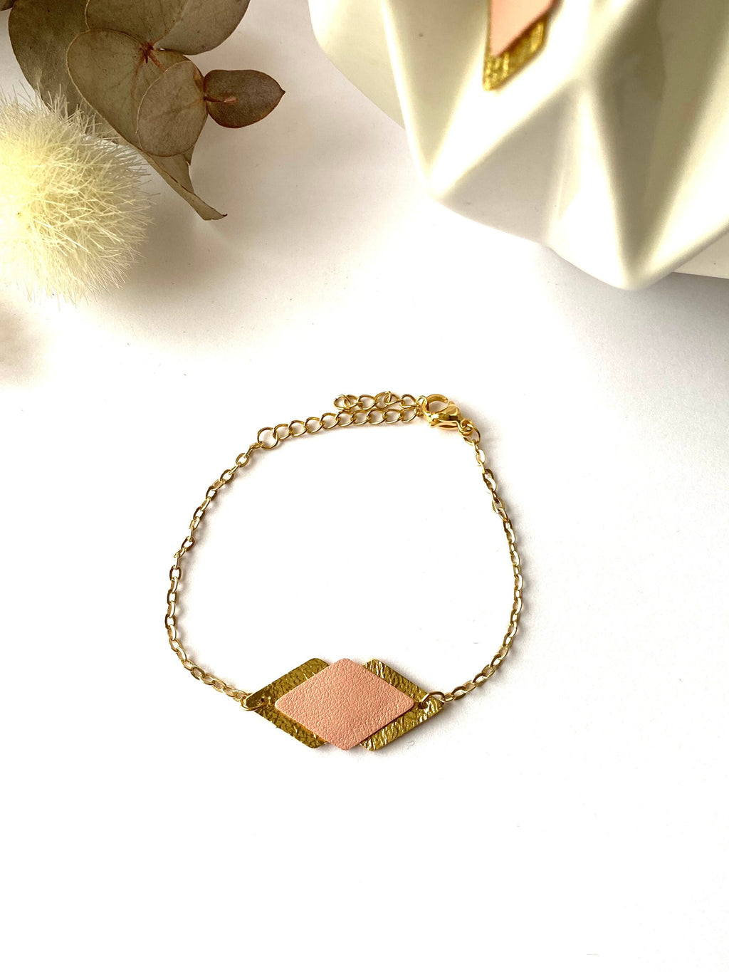 Bracelet femme cuir vieux rosé pastel et doré - bracelet mariage