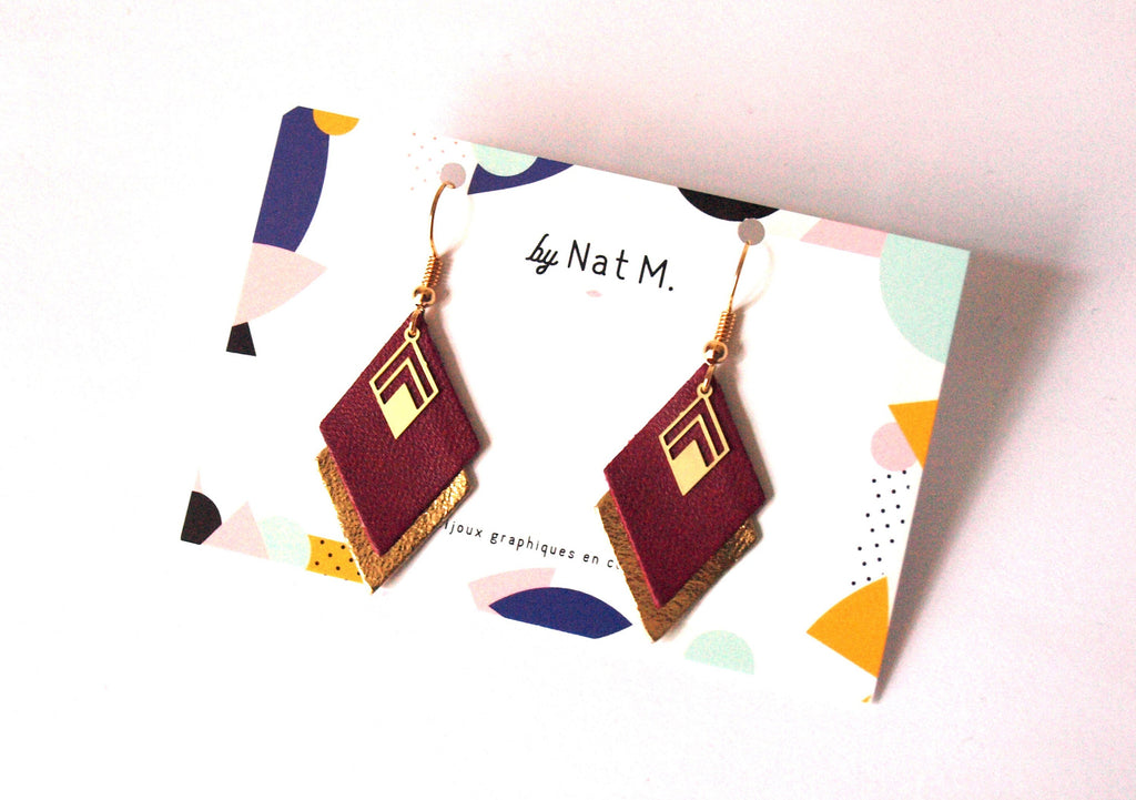 Boucles d'oreilles cuir bordeaux, prune et doré, boucles d'oreilles graphiques losanges - modèle LYA - cadeau de noël pour femme pour elle