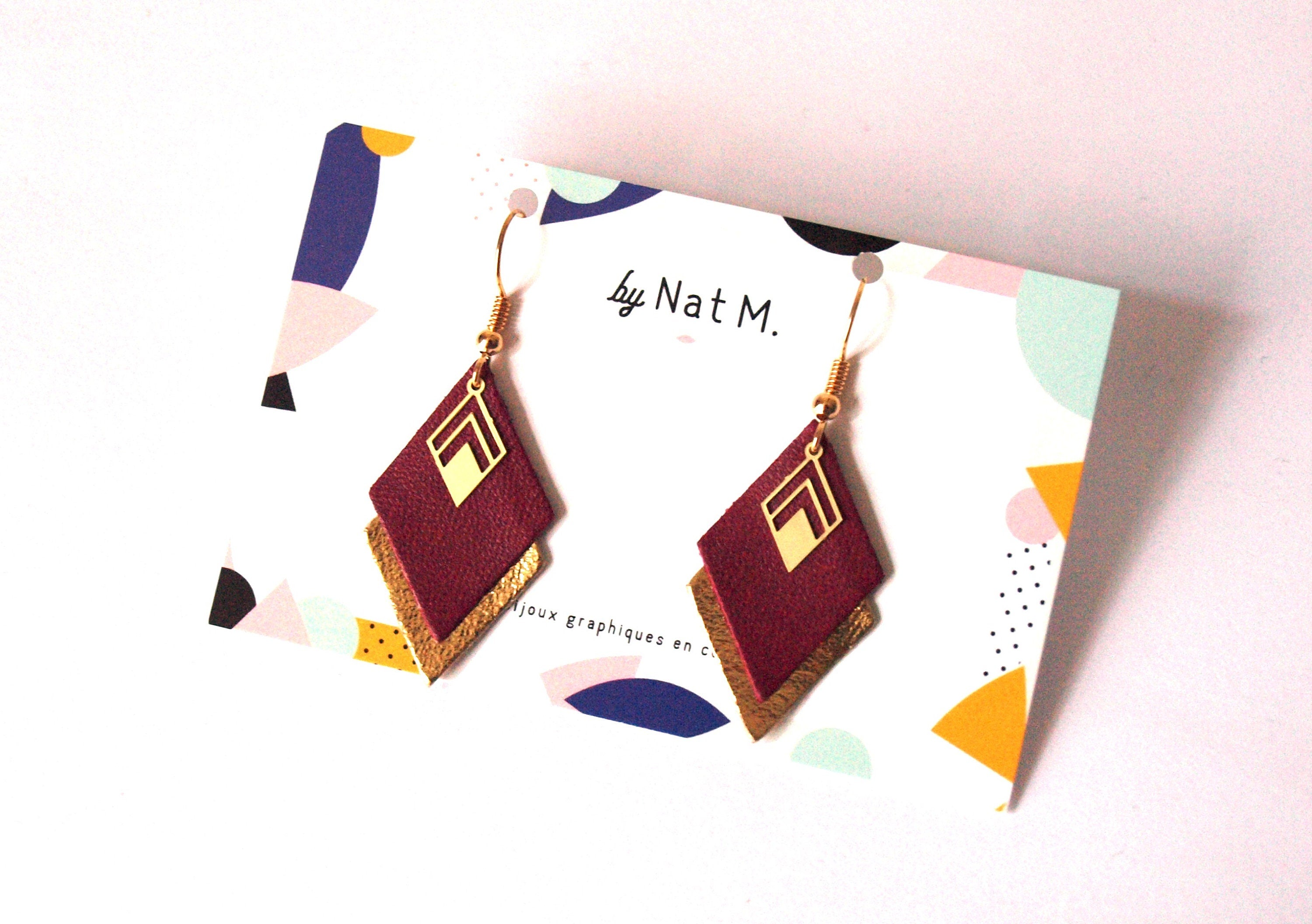 Boucles d'oreilles cuir bordeaux, prune et doré, boucles d'oreilles graphiques losanges - modèle LYA - cadeau de noël pour femme pour elle