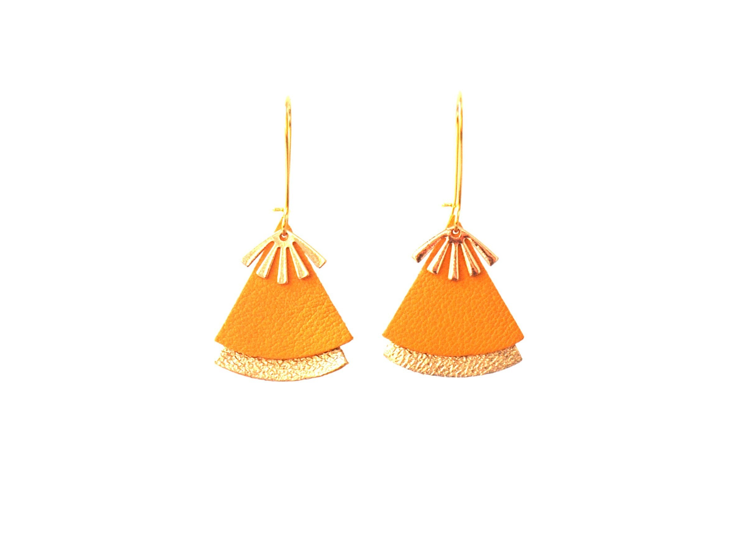 Boucles d'oreilles jaunes - éventail cuir jaune et or, laiton doré - boucles d'oreilles ethniques, japonisantes - modèle STELLA