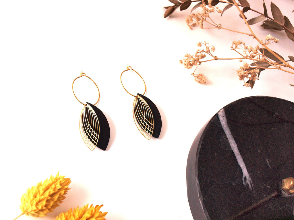 Boucles d'oreilles créoles acier inoxydable et cuir - noir et or - créoles style art déco - modèle SIENNA