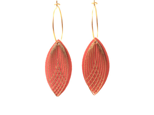 Boucles d'oreilles créoles acier inoxydable - cuir corail et or - créoles style art déco - modèle SIENNA