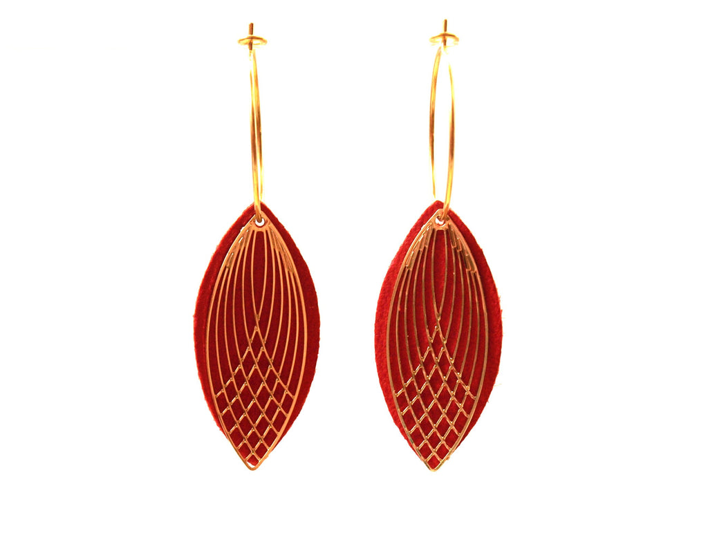 Boucles d'oreilles rouges - créoles acier inoxydable - cuir rouge et or - créoles style art déco - modèle SIENNA