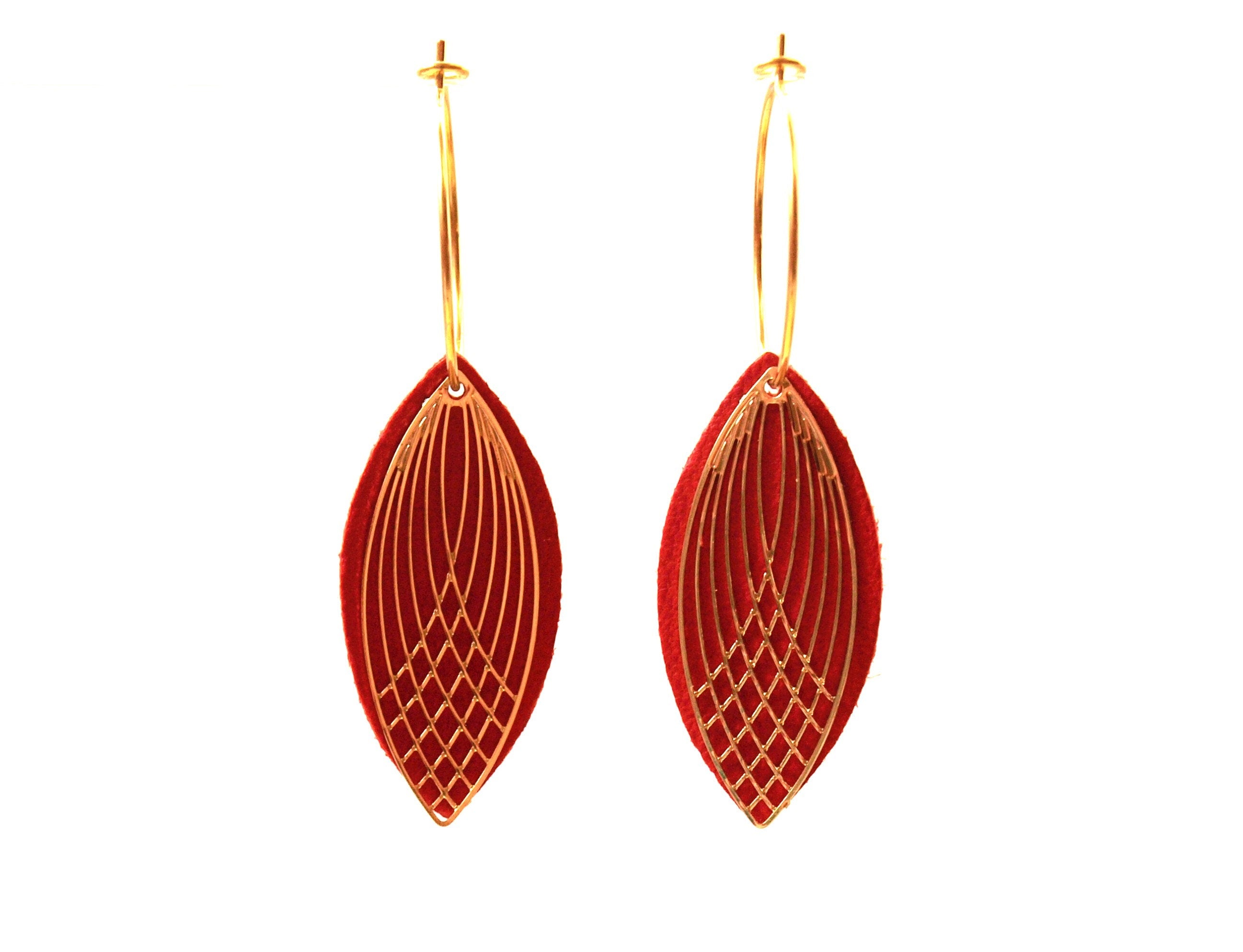 Boucles d'oreilles rouges - créoles acier inoxydable - cuir rouge et or - créoles style art déco - modèle SIENNA