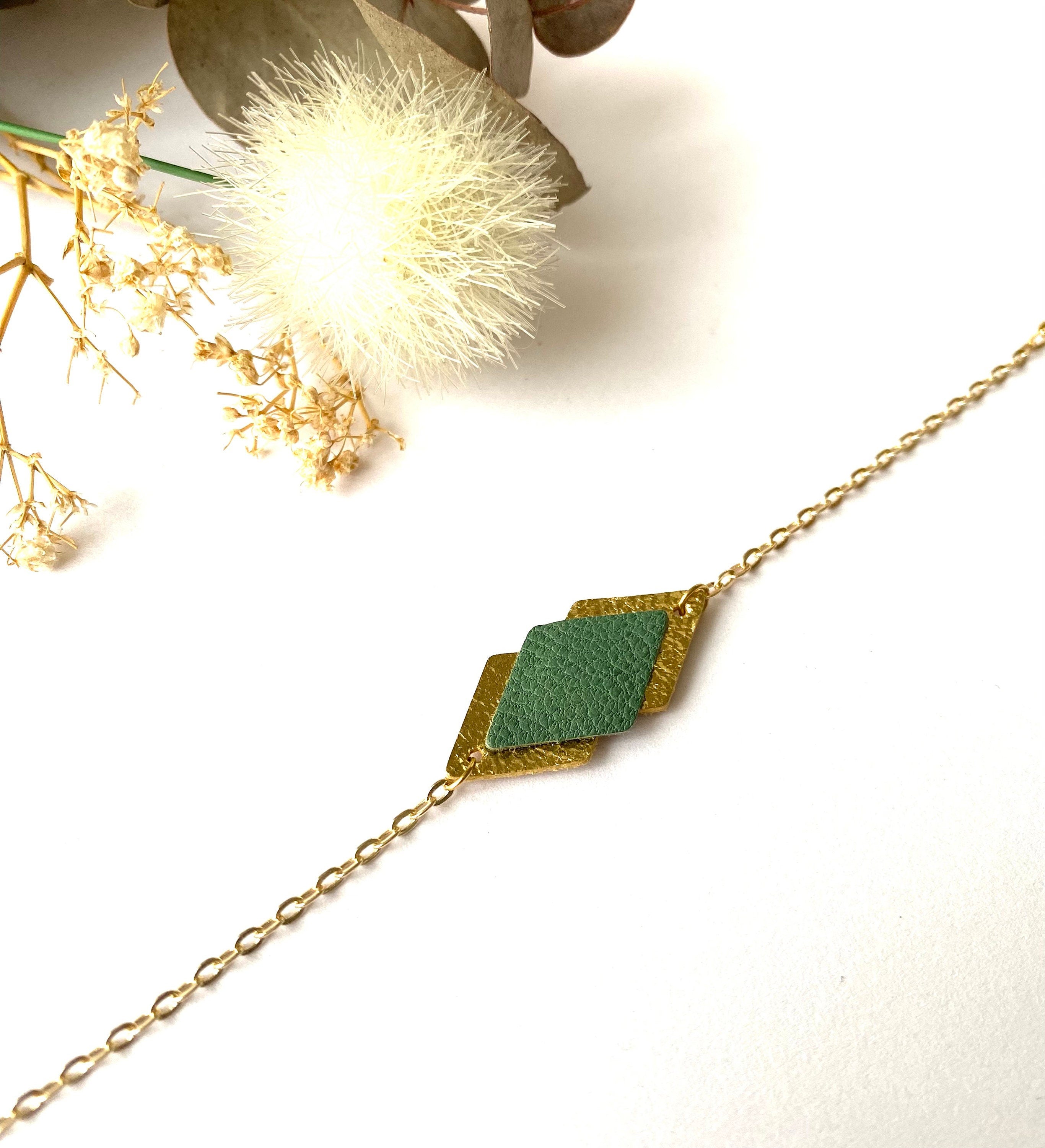 Bracelet femme vert de gris et doré en cuir