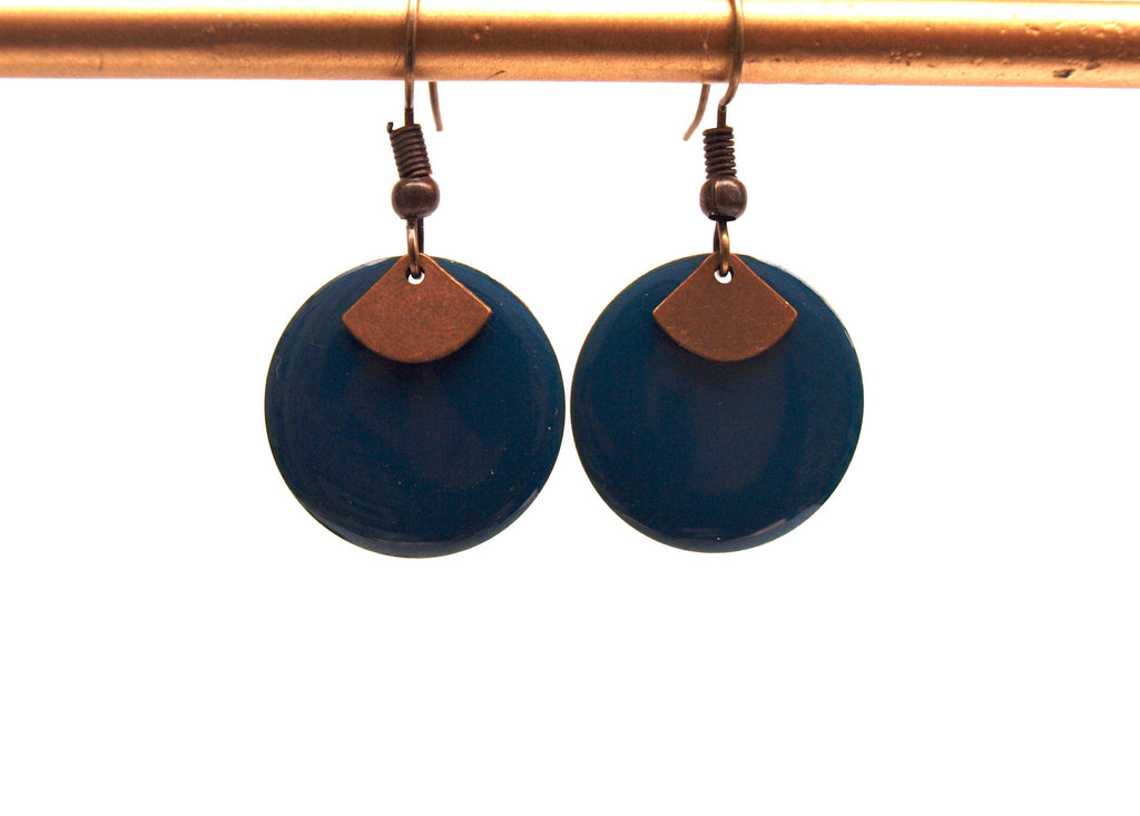 Boucles d'oreilles bleu canard et bronze sequin émaillé rond et pendentif éventail  - cadeau de noël pour femme