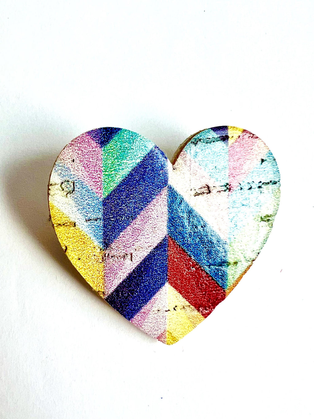 Broche coeur multicolore en liège imprimé  doublé de cuir - cadeau fête des mères - cadeau maîtresse - cadeau pour elle