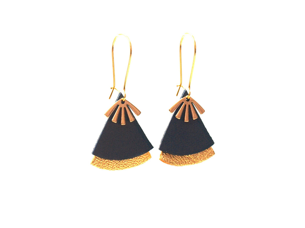 Boucles d'oreilles cuir noir et or, forme éventail - boucles d'oreilles art déco, ethniques modèle STELLA