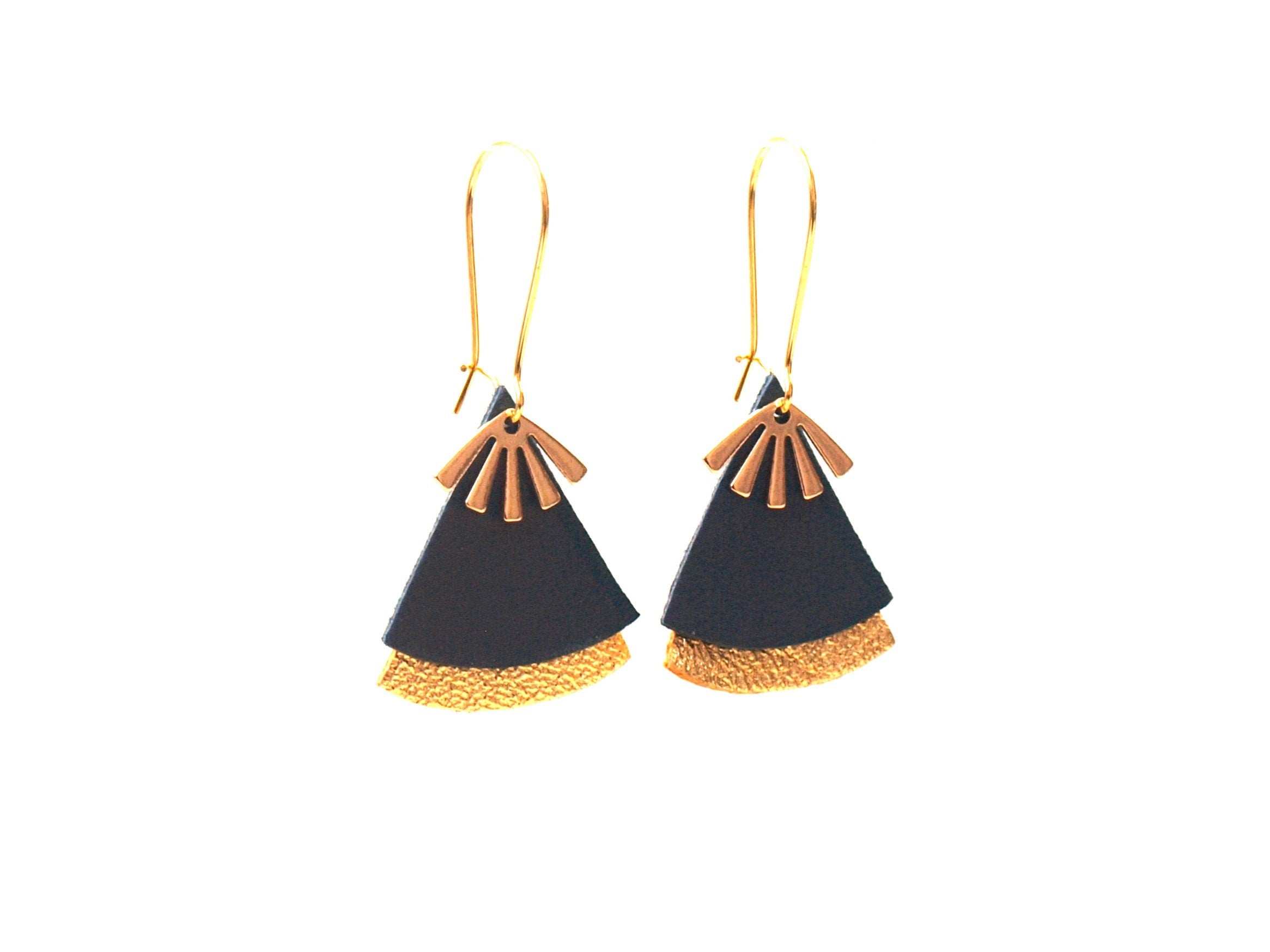Boucles d'oreilles cuir noir et or, forme éventail - boucles d'oreilles art déco, ethniques modèle STELLA