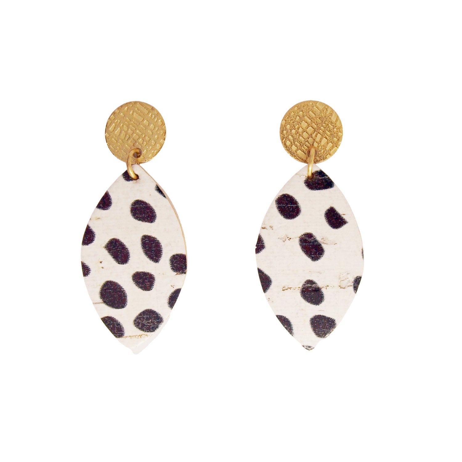 Boucles d'oreilles liège motif dalmatien, noir et blanc, cuir et acier forme feuille LOAN