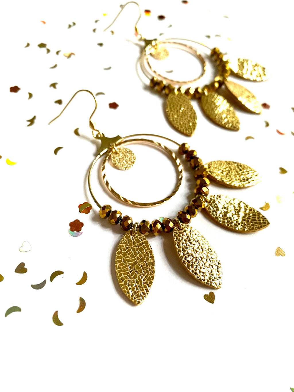 Boucles d’oreilles bohèmes style créoles en cuir doré et acier inoxydable