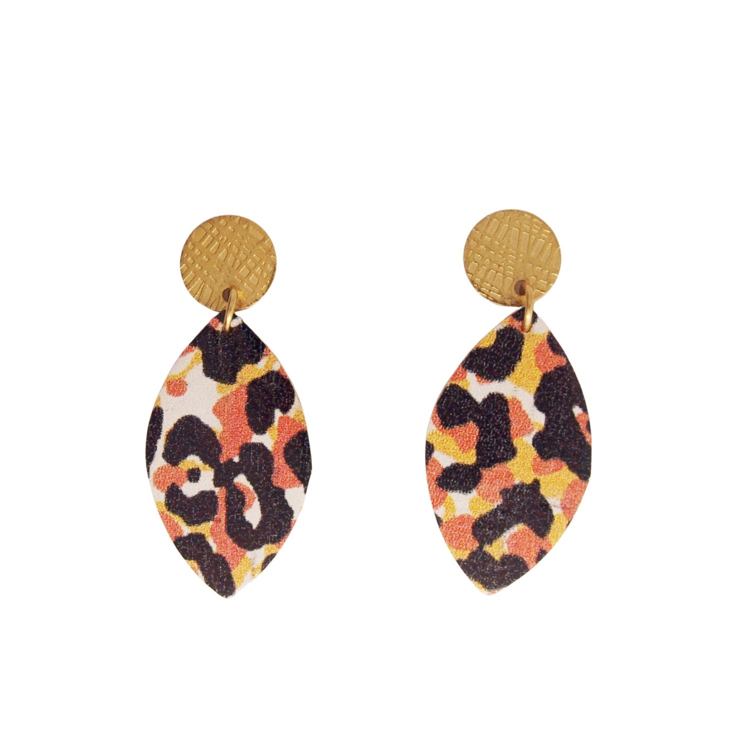 Boucles d'oreilles liège motif léopard, cuir et acier forme feuille LOAN