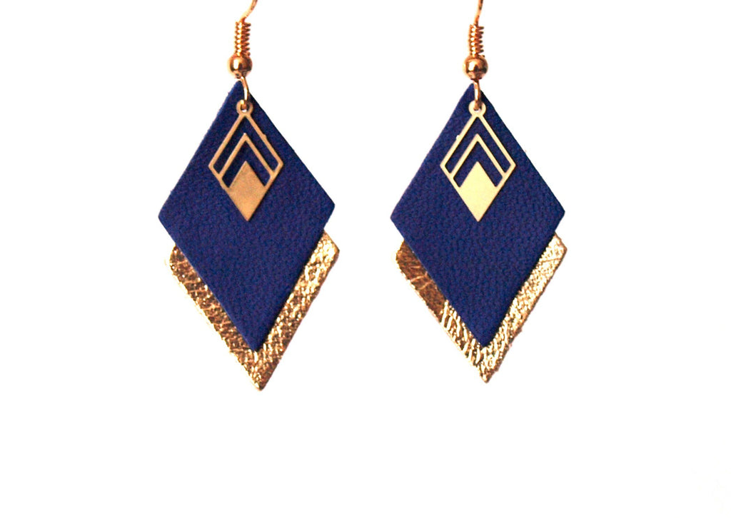 Boucles d'oreilles cuir bleu et or, boucles d'oreilles graphiques losanges bleu roi et doré - modèle LYA - cadeau noël pour femme pour elle