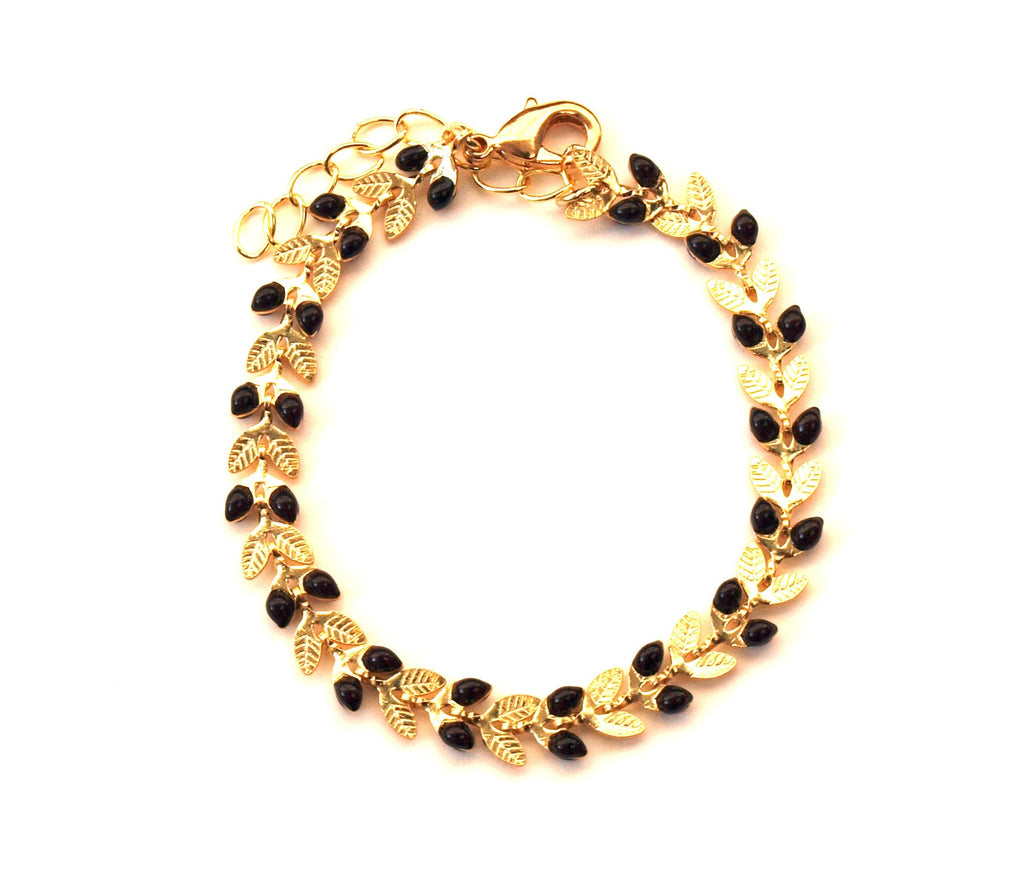 Bracelet fin or et noir - chaîne épis émaillée - bracelet femme à juxtaposer - superposition bracelets - bracelet boheme - cadeau pour elle