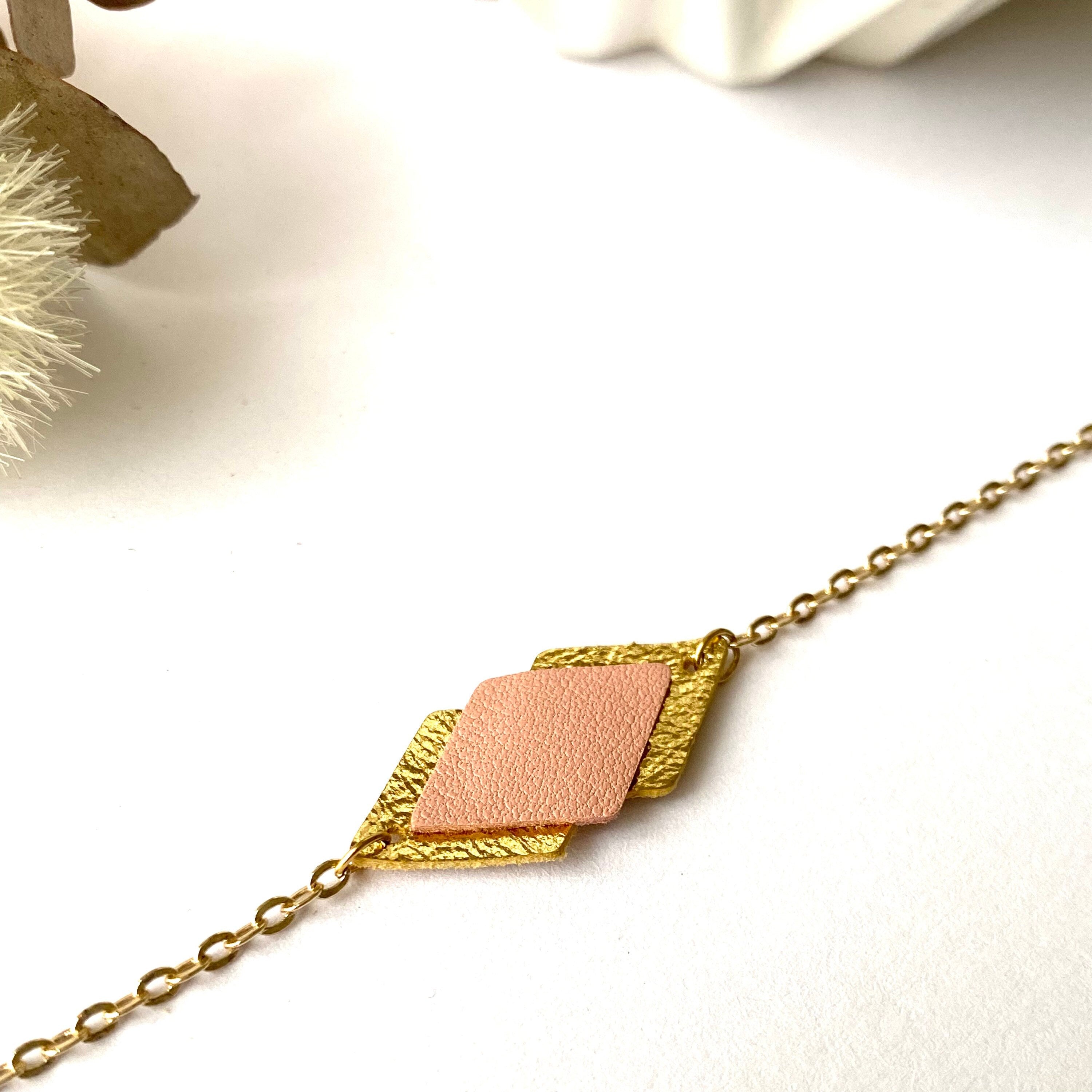 Bracelet femme cuir vieux rosé pastel et doré - bracelet mariage