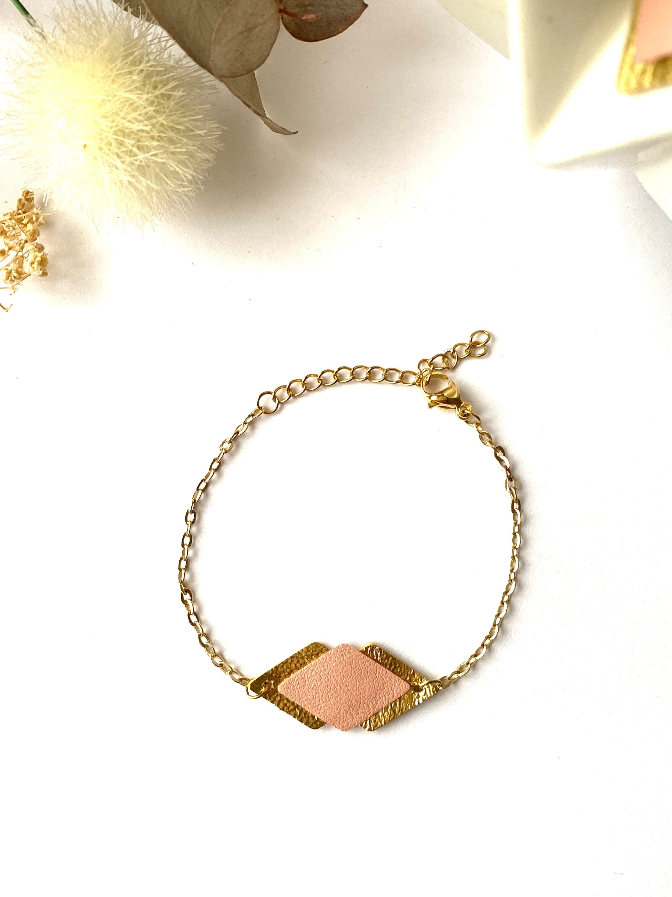Bracelet femme cuir vieux rosé pastel et doré - bracelet mariage