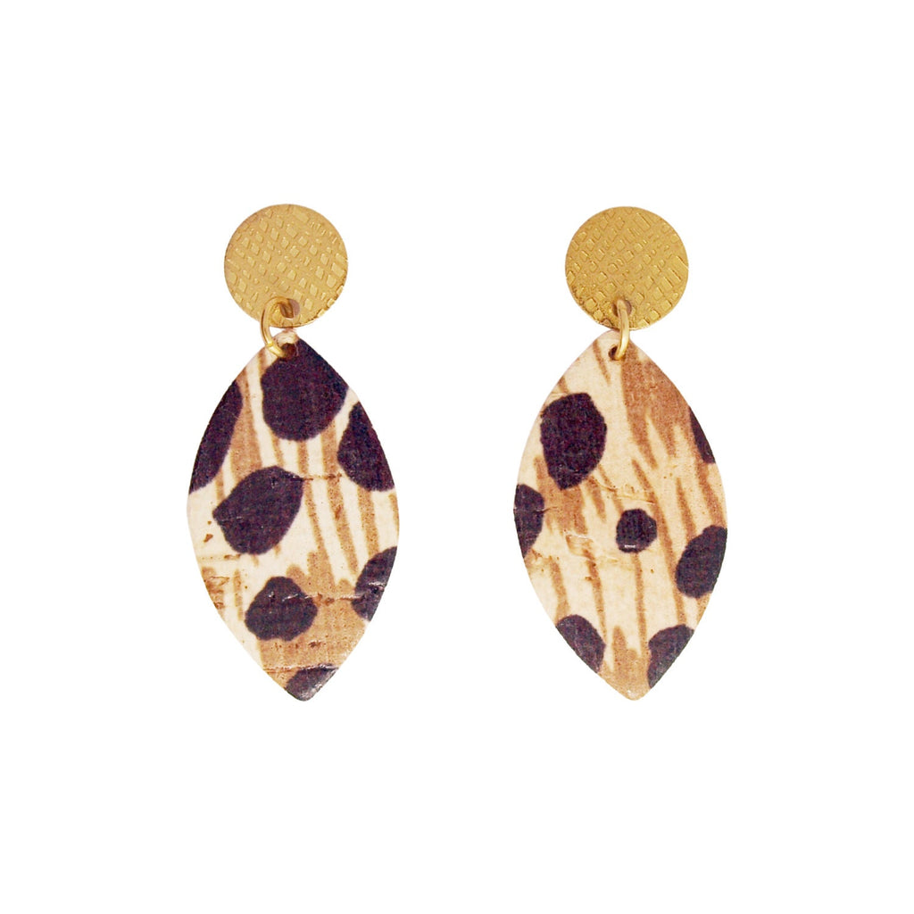 Boucles d'oreilles léopard en liège, cuir et acier forme feuille LOAN