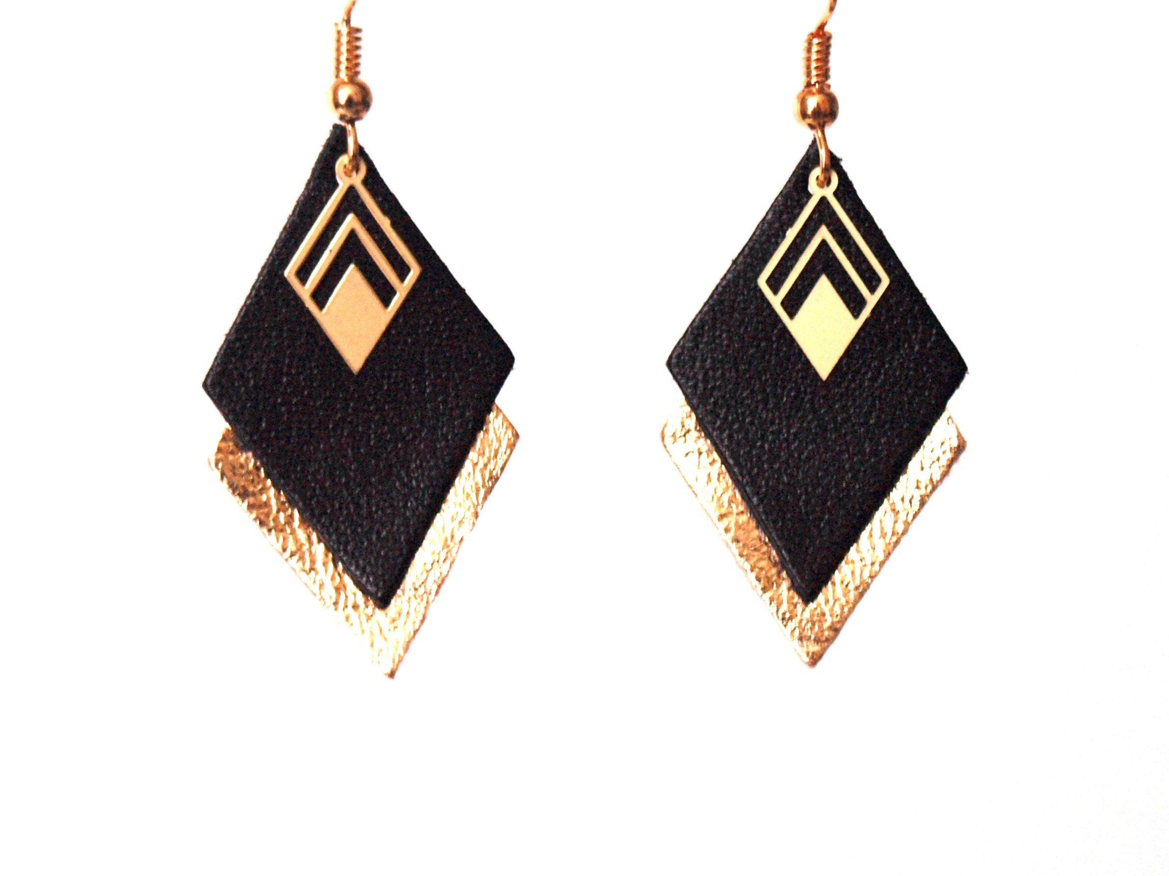 Boucles d'oreilles cuir noir et or, boucles d'oreilles graphiques losanges - modèle LYA - cadeau de noël pour femme pour elle