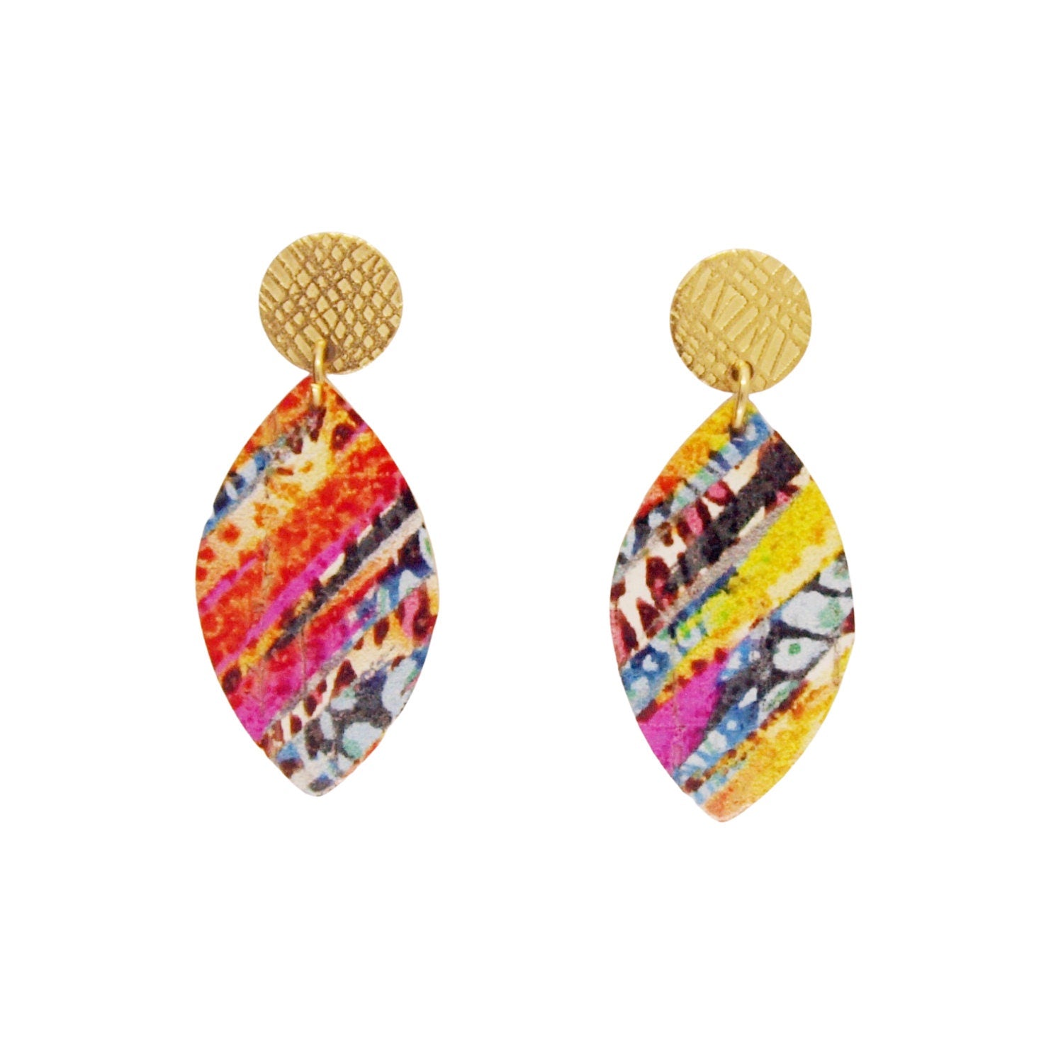 Boucles d'oreilles liège imprimé multicolore, cuir et acier forme feuille LOAN