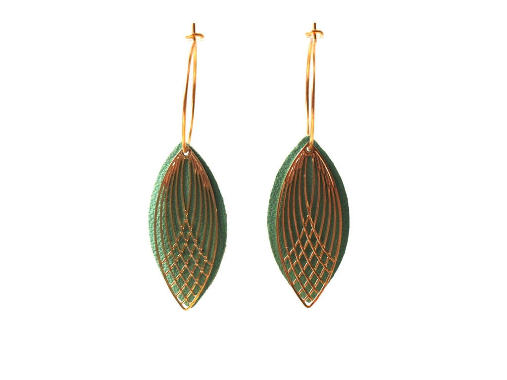 Boucles d'oreilles vert clair - créoles en acier inoxydable et cuir - créoles style art déco - modèle SIENNA