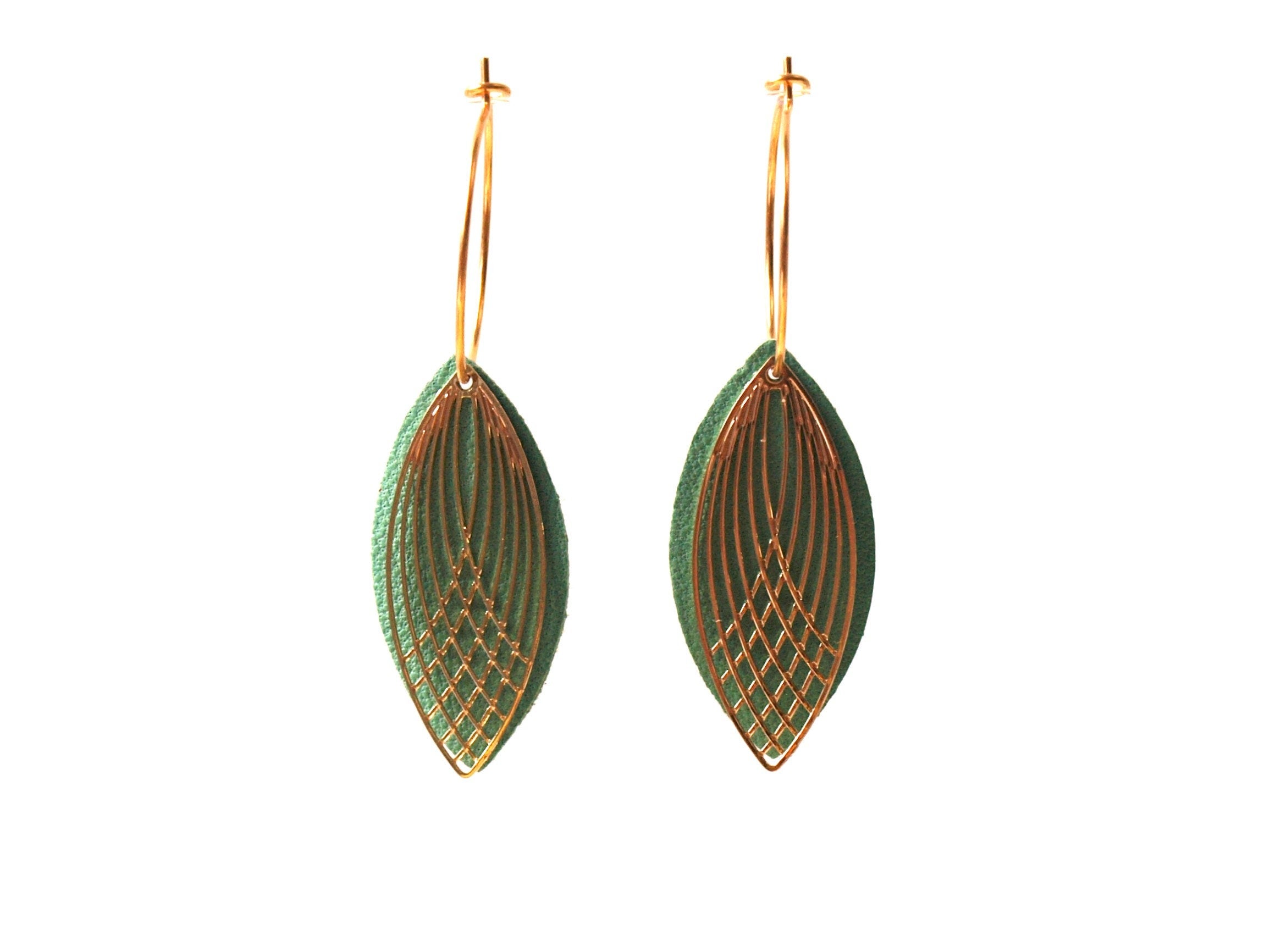 Boucles d'oreilles vert clair - créoles en acier inoxydable et cuir - créoles style art déco - modèle SIENNA