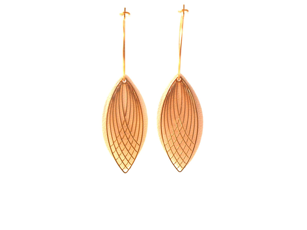 Boucles d'oreilles créoles acier inoxydable et cuir -blanc et or - créoles style art déco - modèle SIENNA