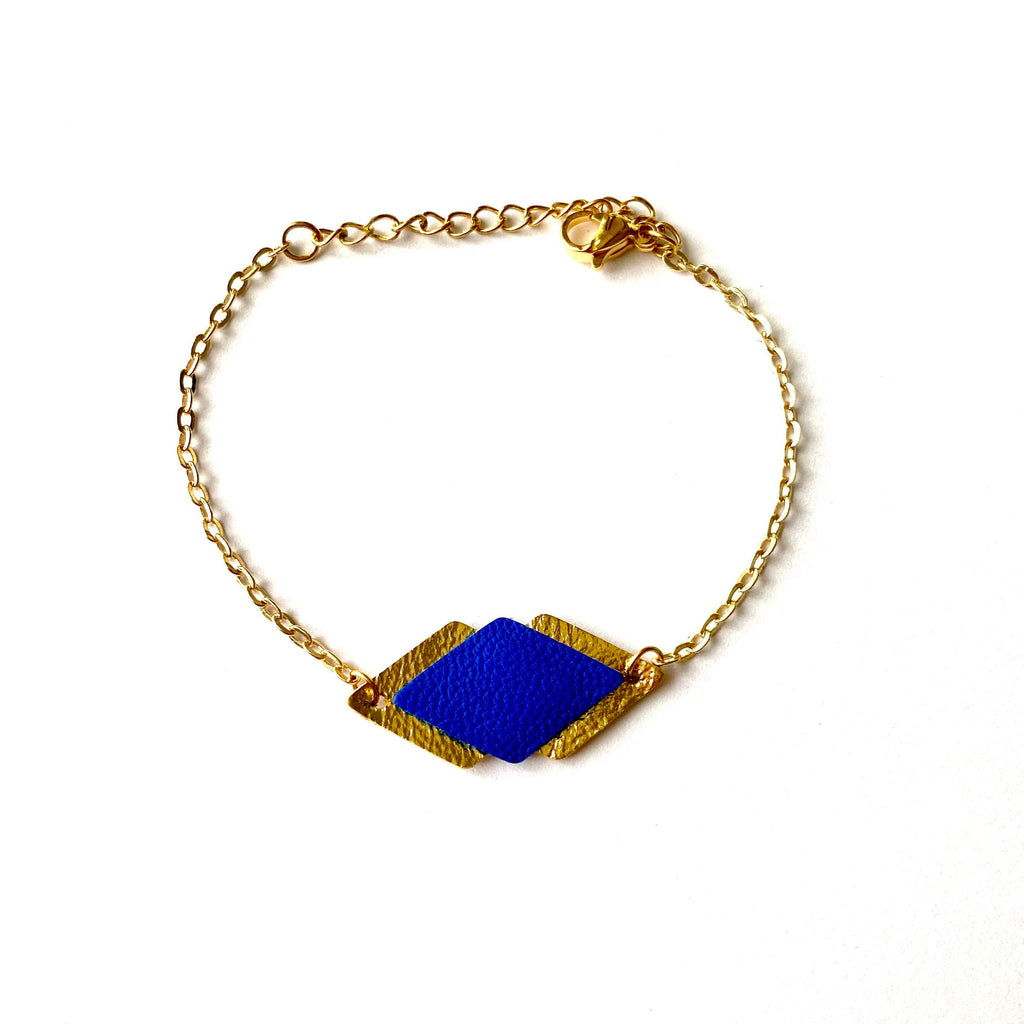 Bracelet femme cuir bleu électrique et laiton doré