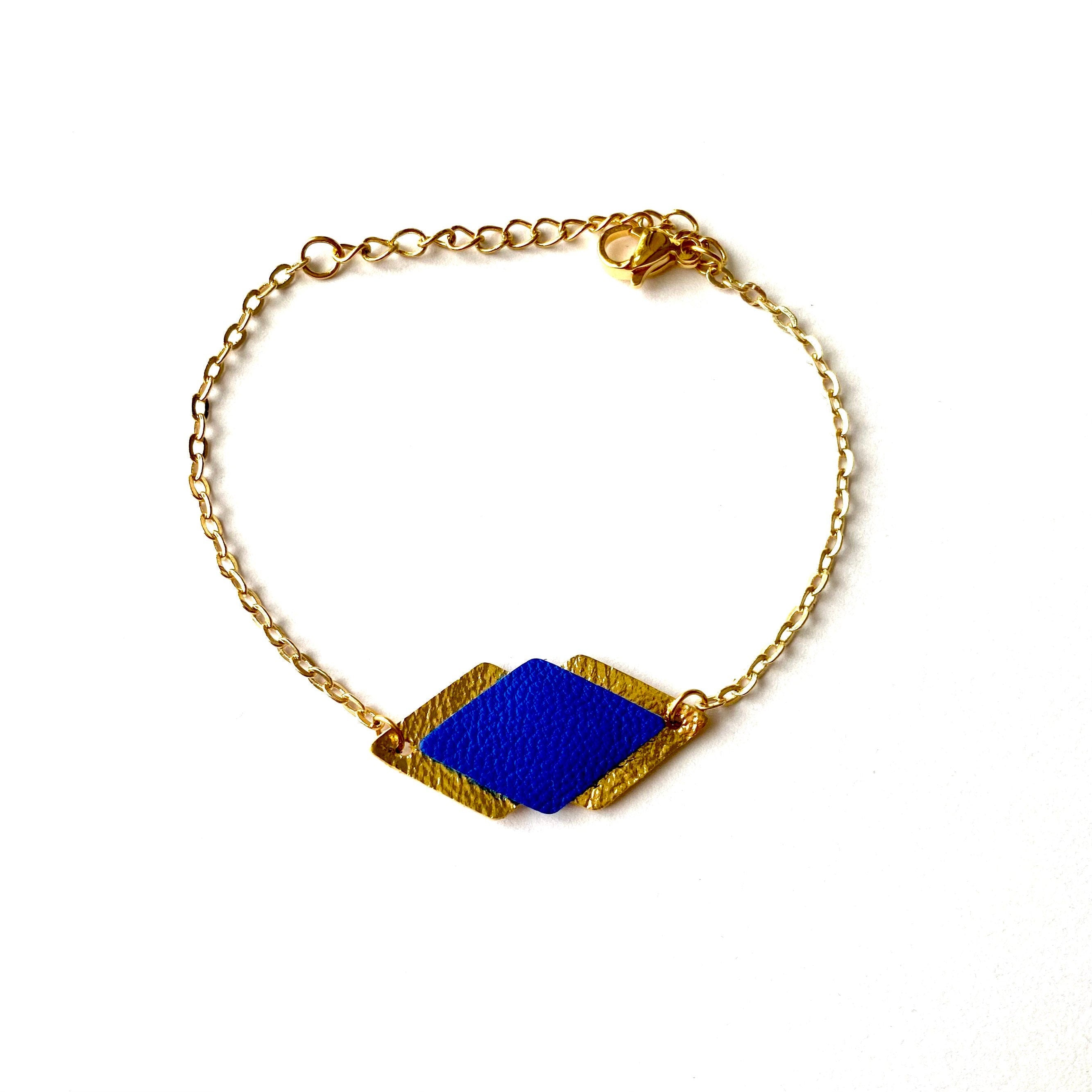Bracelet femme cuir bleu électrique et laiton doré