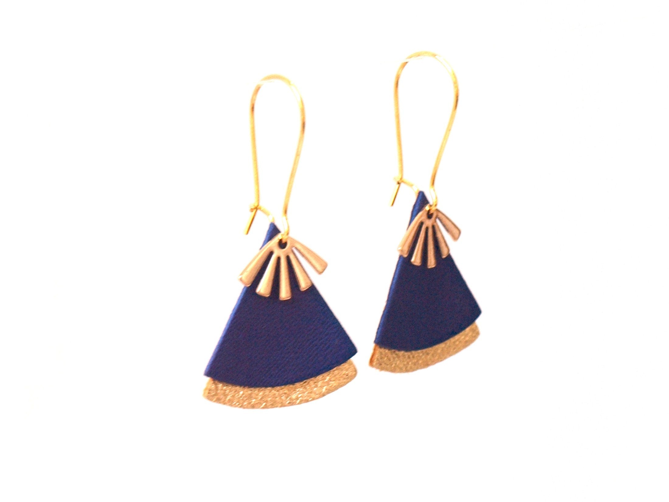 Boucles d'oreilles cuir bleu roi et or, forme éventail - boucles d'oreilles ethniques, art déco, modèle STELLA