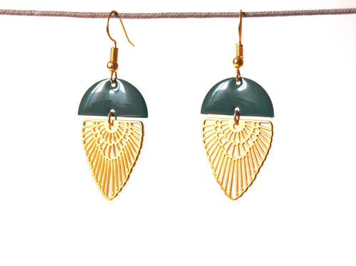 Boucles d'oreilles art déco plaqué or mat et sequin émaillé vert émeraude - cadeau femme