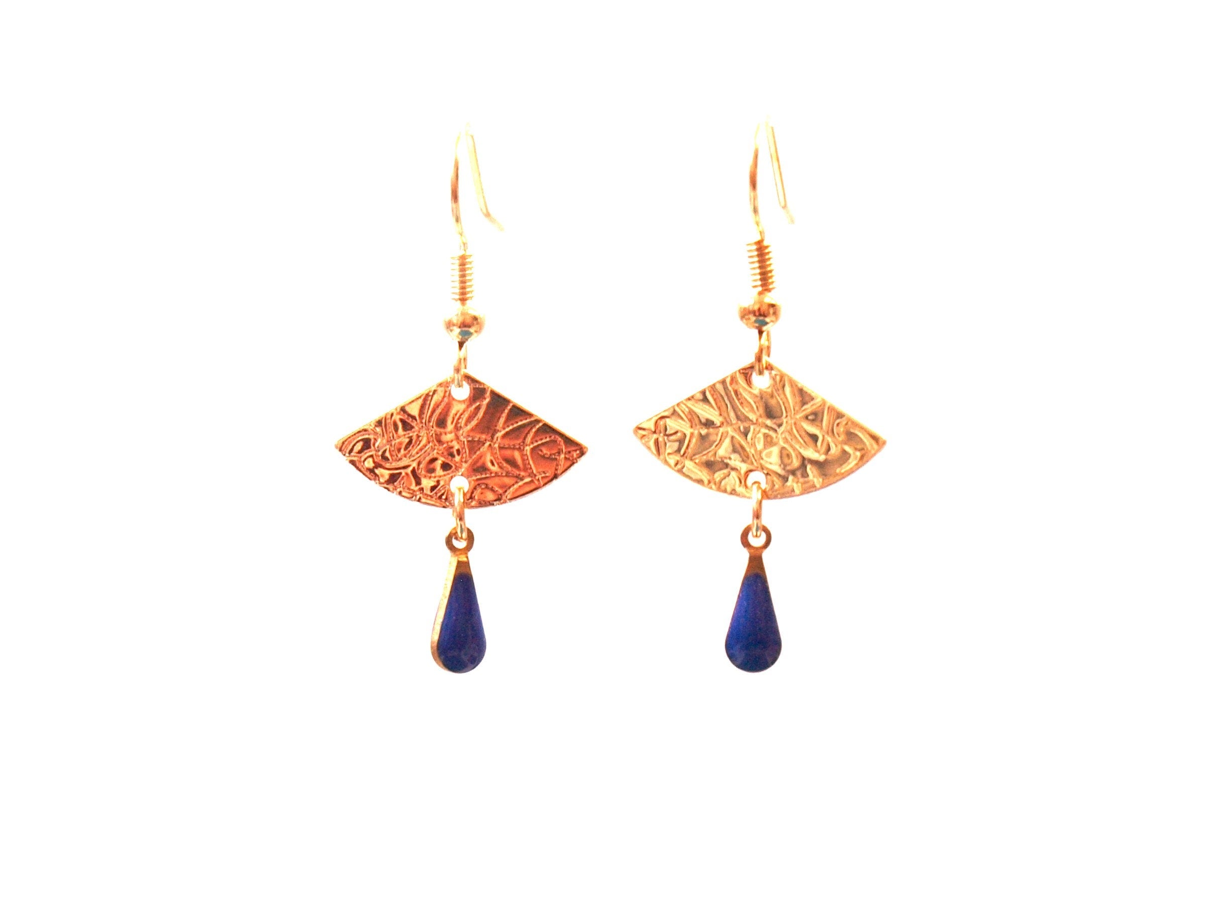 Boucles d'oreilles éventail doré - boucles d'oreilles discrètes - modèle EVA bleu roi