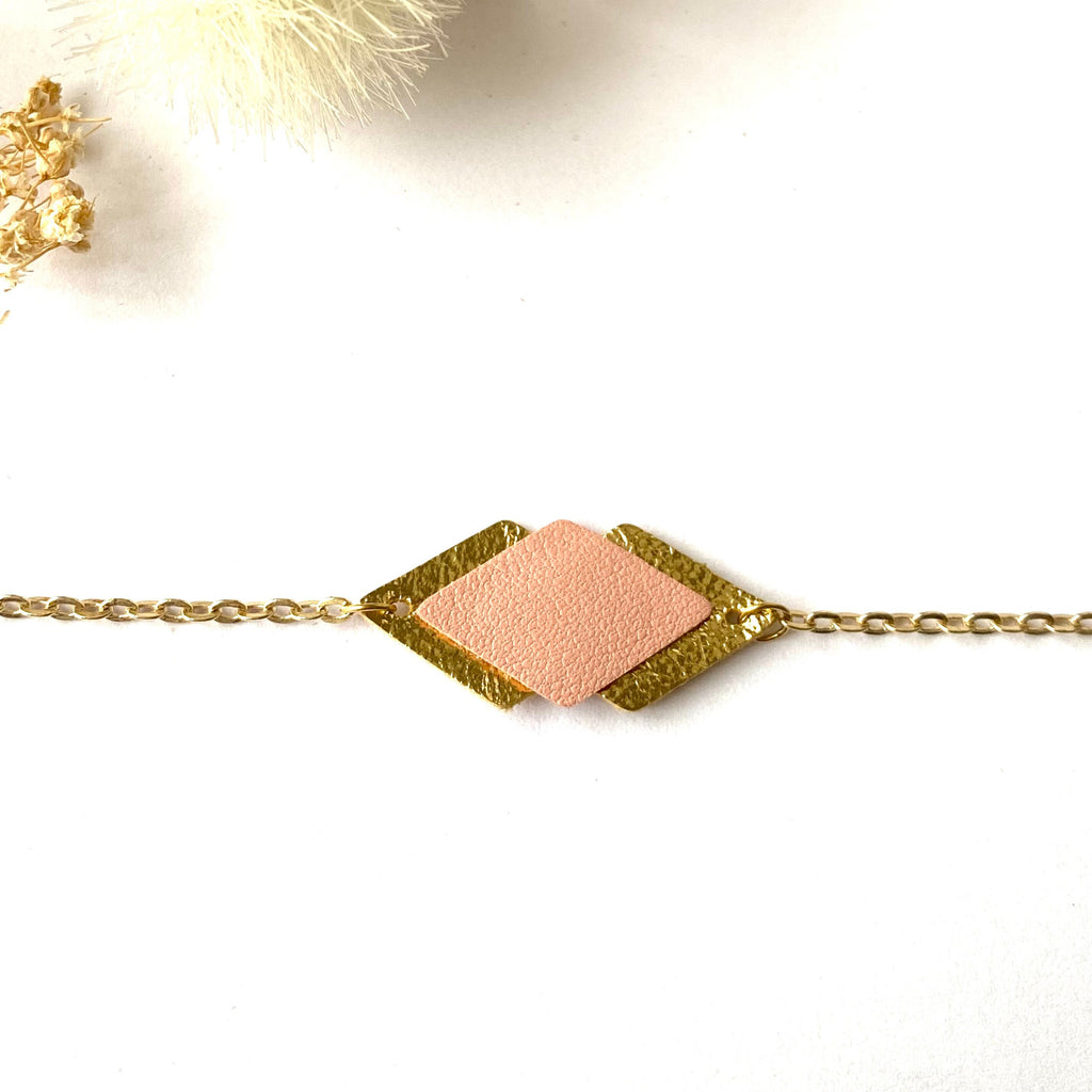 Bracelet femme cuir vieux rosé pastel et doré - bracelet mariage