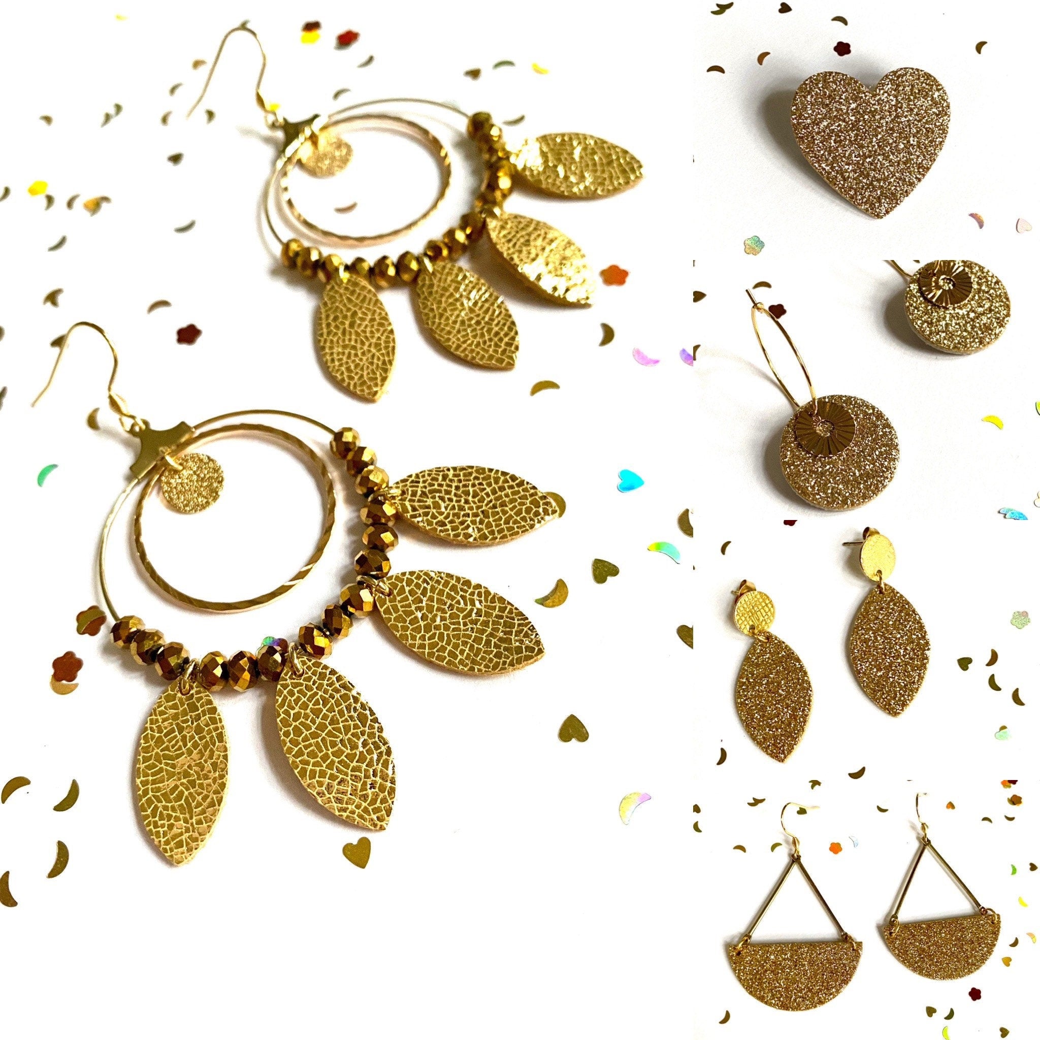 Broche coeur à paillettes en liège doublé de cuir