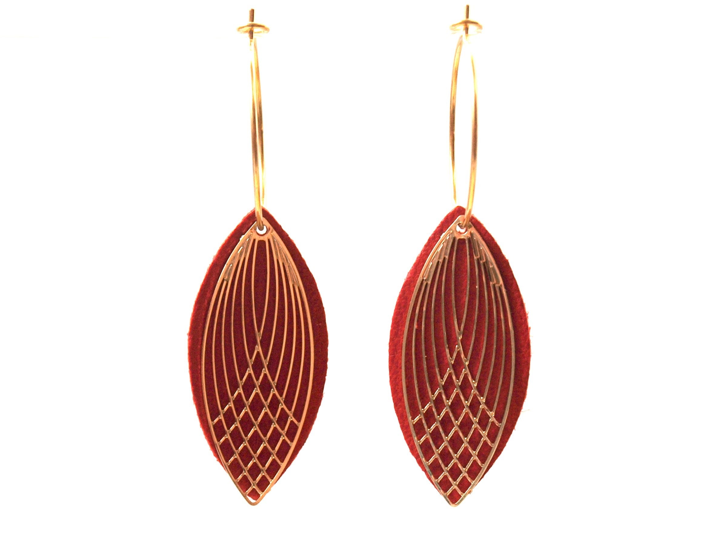 Boucles d'oreilles rouges - créoles acier inoxydable - cuir rouge et or - créoles style art déco - modèle SIENNA