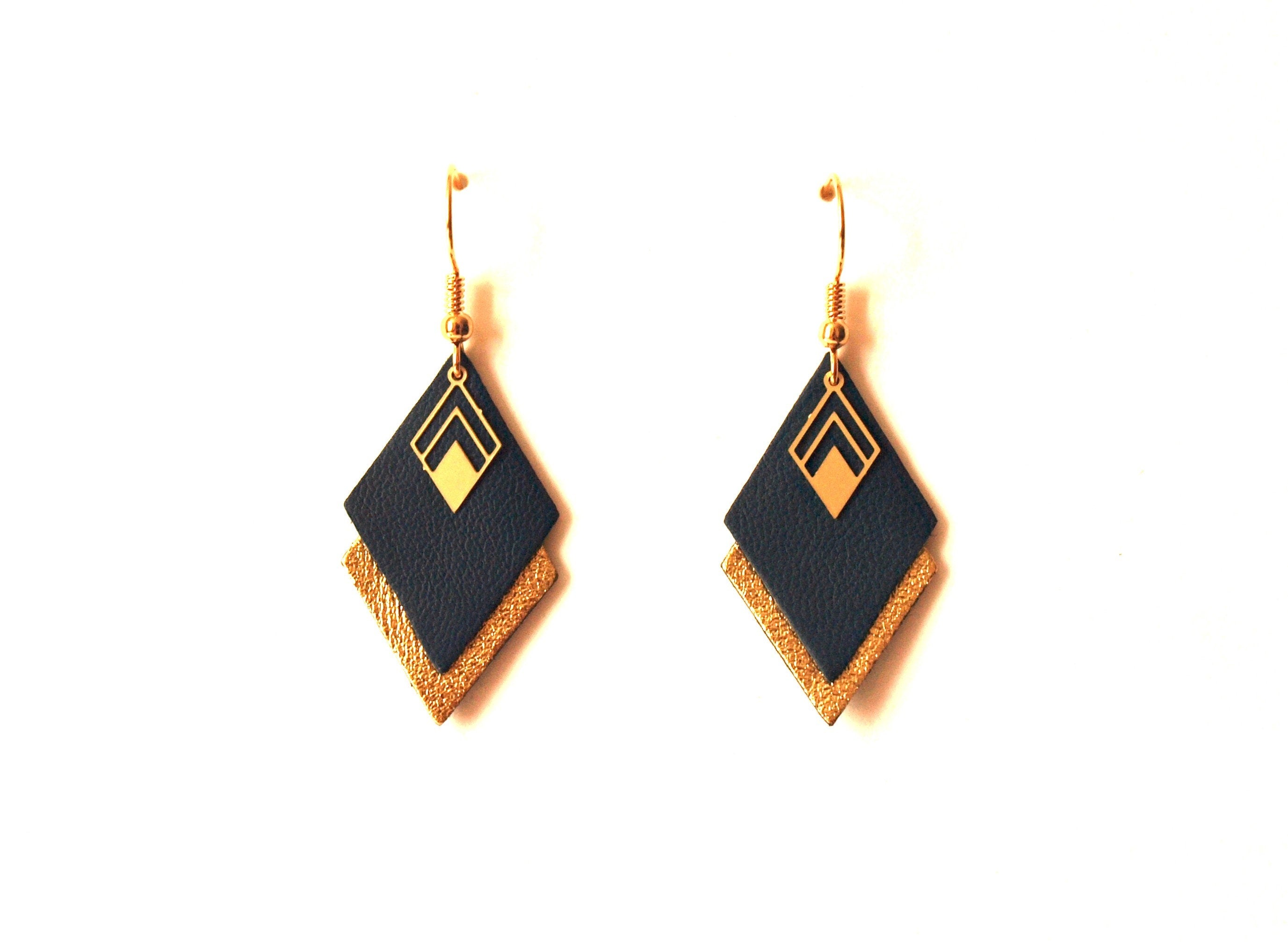 Boucles d'oreilles cuir bleu canard et or, boucles d'oreilles graphiques losanges géométriques - modèle LYA - cadeau noël pour femme