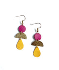 Boucles d’oreilles bohème chic en cuir upcyclé, modèle géométrique fait main, bijou artisanal léger violet doré et jaune - cadeau femme